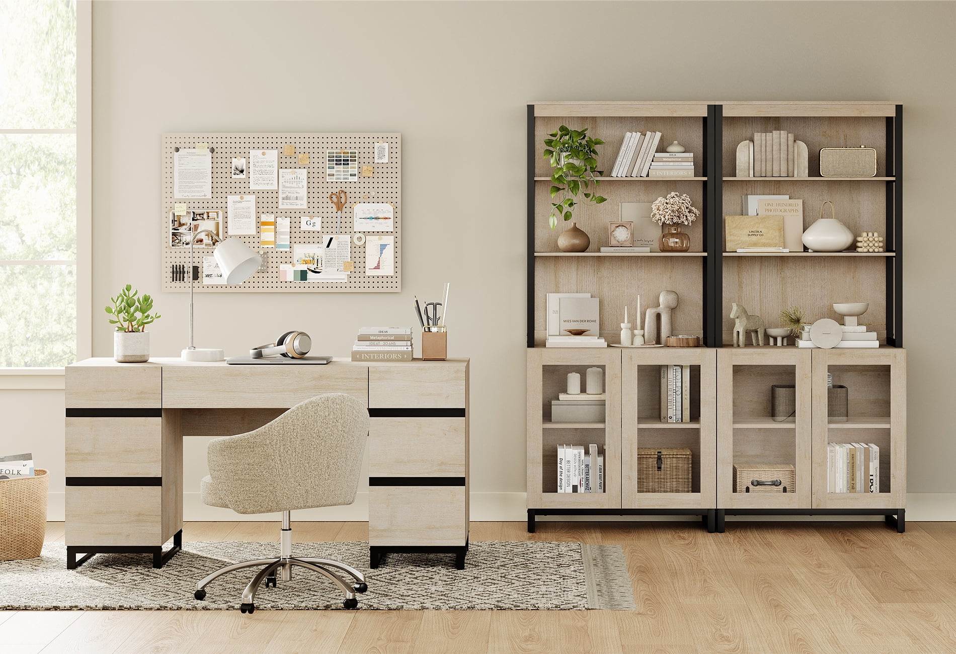 WAMPAT Home Office Set: 59" Modern Desk with Charging Station and Storage Cabinet, Two 72" Tall Bookcases with Adjustable Shelves, Wood Computer Desk and Library Storage Cabinet for Work Study, Beige