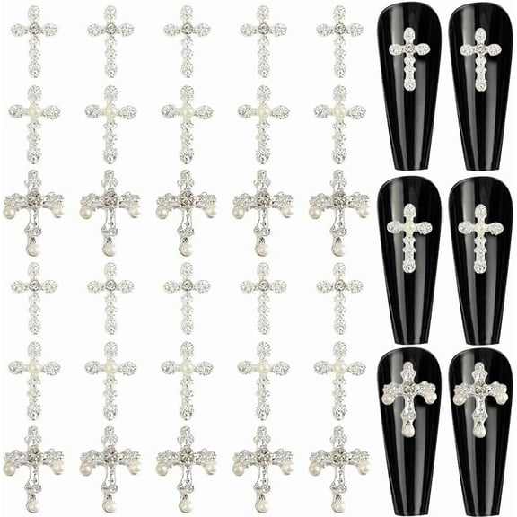 60Pcs Cross Nail Charms 3D 3 Style Metal Alloy Rhinestone Pearl Flat Gems Set Gothic Vintage Punk Studs Decor Crafts Accessories