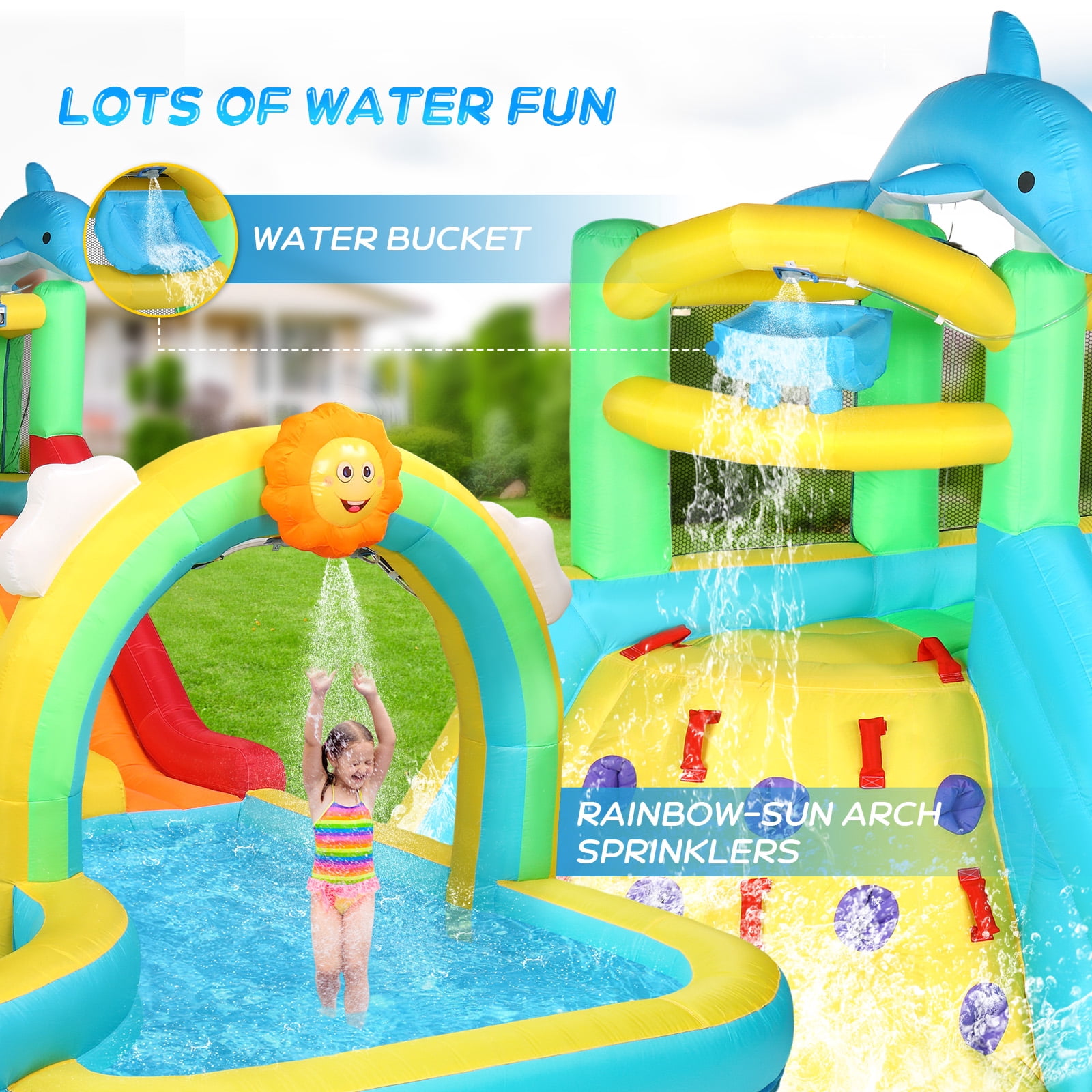 Ktaxon Inflatable Bounce House with Water Bucket, Rainbow Sprinklers, Water Slide Bounce House With Blower, Inflatable Water Slide Park for Party, Backyard, Lawn