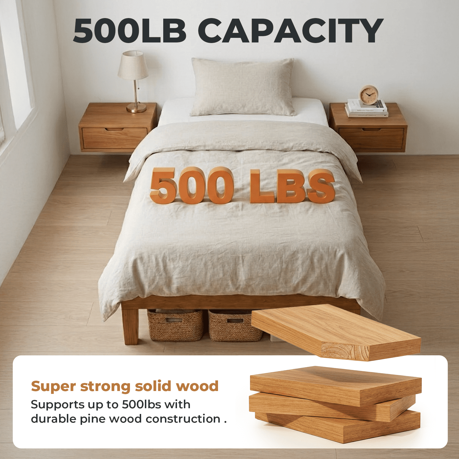 Alvantor Solid Wood Platform Bed Frame, Natural Pine, No Box Spring Needed, Underbed Storage – Twin, Full, Queen, King