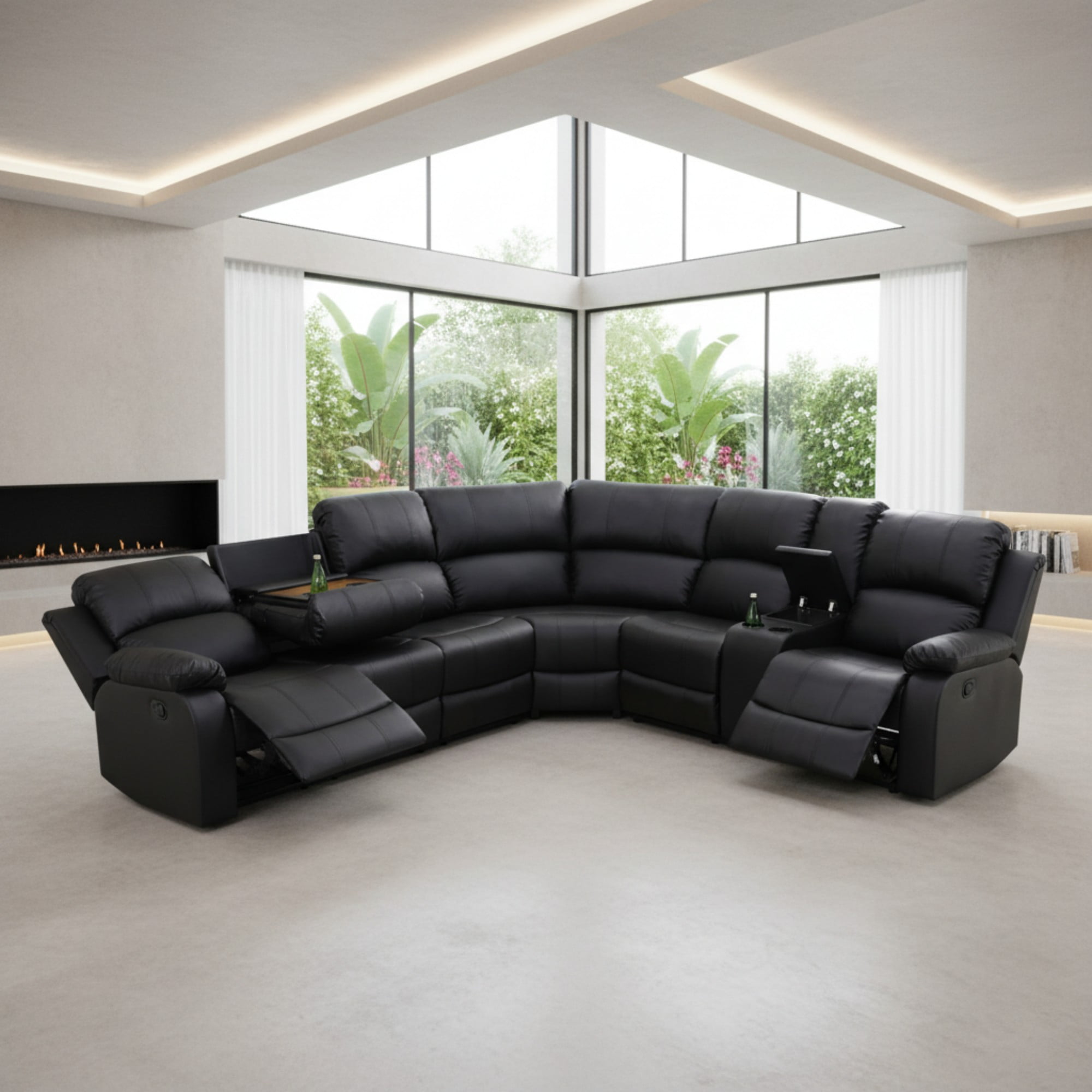 Gewnee Power Recliner Breathing Leather Power Sectional Sofa Set, Black Oversize Reclining Couch with Cup Holder Storage for Living Room ﻿
