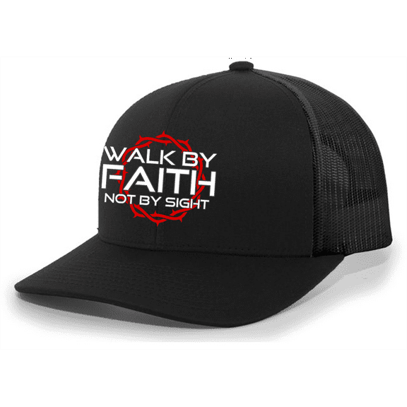 Mens Christian Hat Embroidered Walk By Faith Not By Sight Scripture Mesh Back Trucker Hat, Black/Black