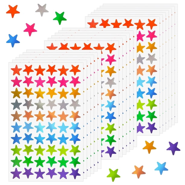Apuakthei 20 hojas de pegatinas holográficas de estrellas, 1200 pegatinas metálicas de estrellas de aluminio para recompensas de niños, pegatinas autoadhesivas de colores para álbumes de recortes,