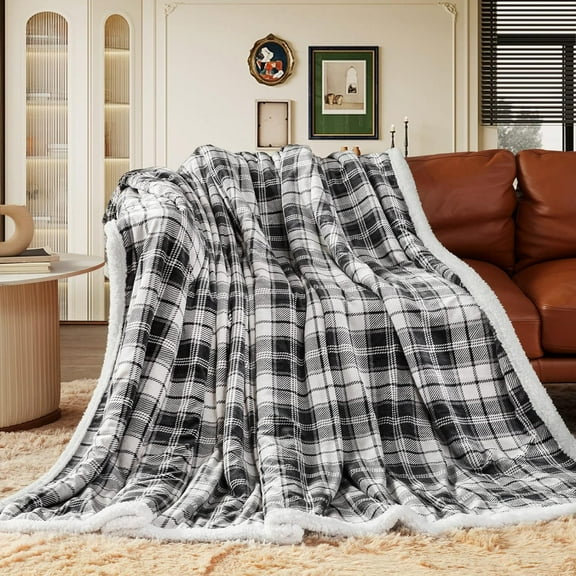 Sherpa Throw Blanket, Plaid Warm Cozy Soft Throw Blankets for Couch, Bed, Sofa，Reversible Fluffy Plush Flannel Fleece Blankets and Throws for Adults Women Men(Grey, 50”x 60”)