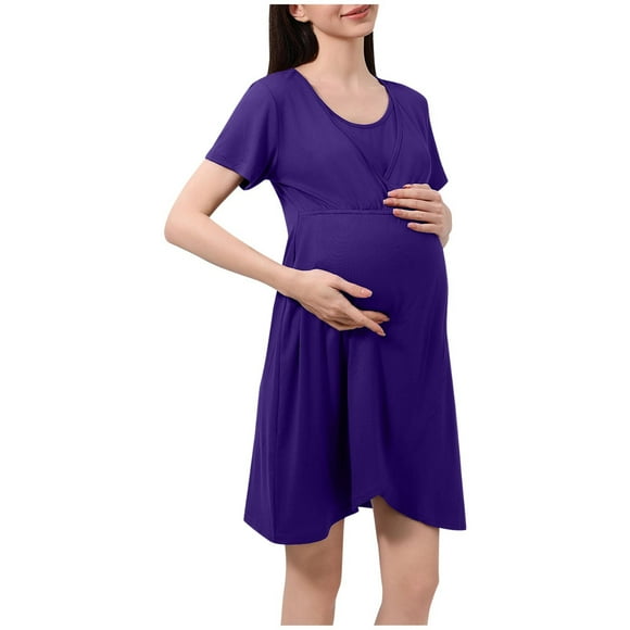 GreatBaby Casual Maternity Dress Short Sleeve Round Neck Solid Color Comfortable Everyday Pregnancy Dress for Women Lounge Wear(Purple,M)