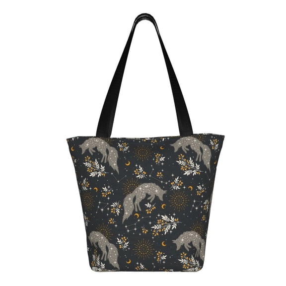 Uemuo Vintage Moon with Plants and Fox Print Tote Bags for Women,Large Capacity Corduroy Bag,Reusable Grocery Shoulder Bag,Beach Tote with Zipper Closure, Daily Essentials