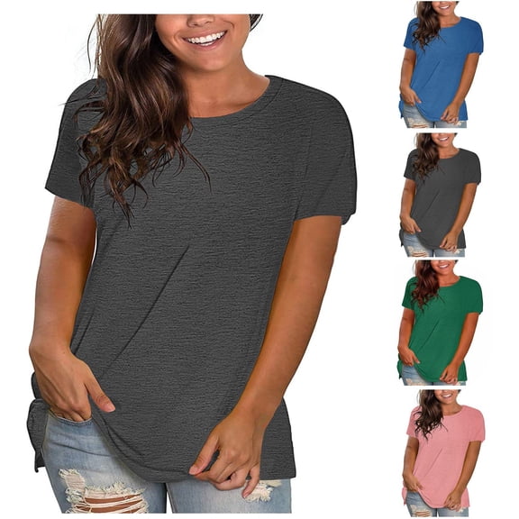Hzzrkos Women Casual Relaxed Solid Color Boat Neck Short Sleeve Dolman Basic Tee Top
