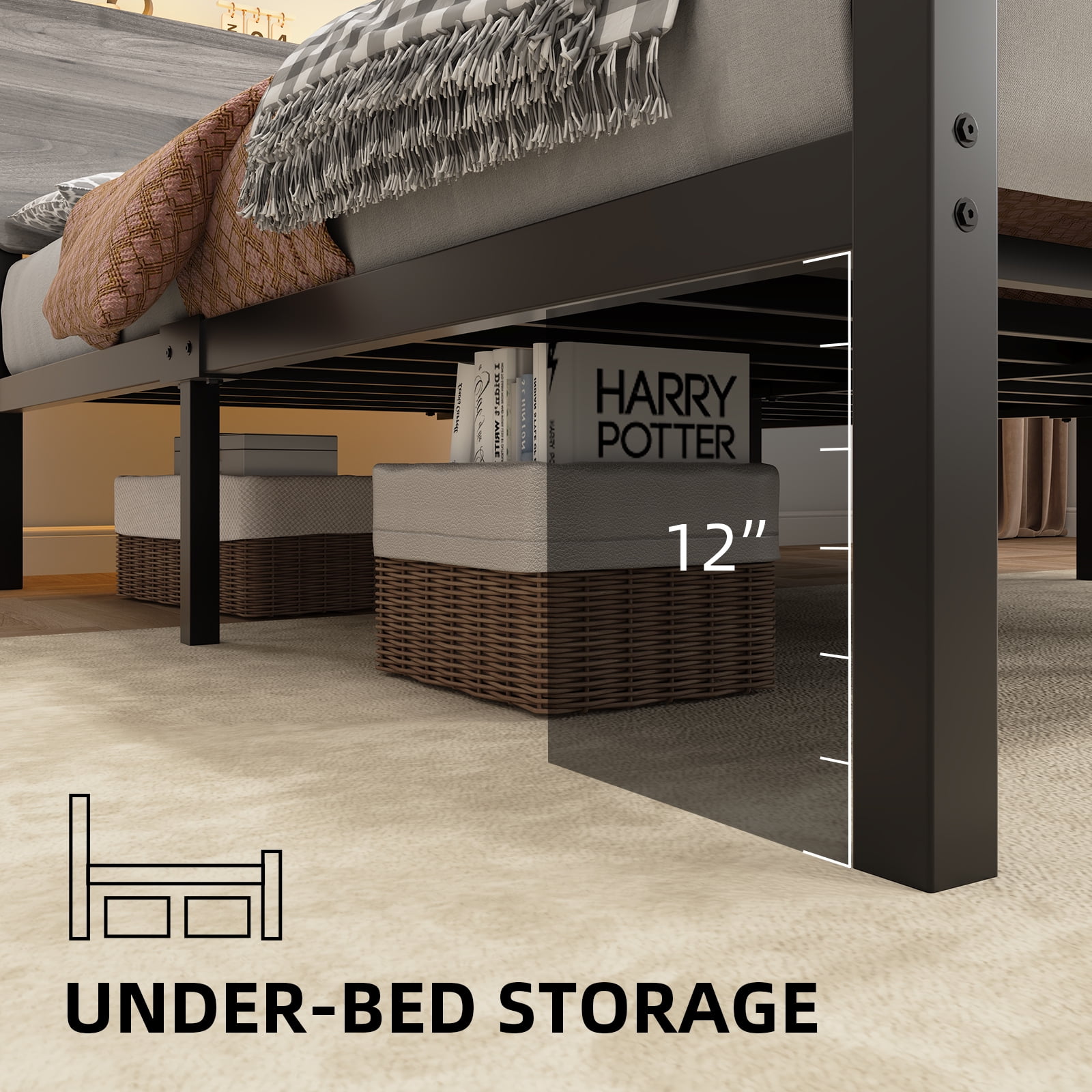 4 EVER WINNER Full Bed Frame with Storage Headboard and LED Light, Metal Platform Bed Frame with Wooden Headboard, No Box Spring, Gray