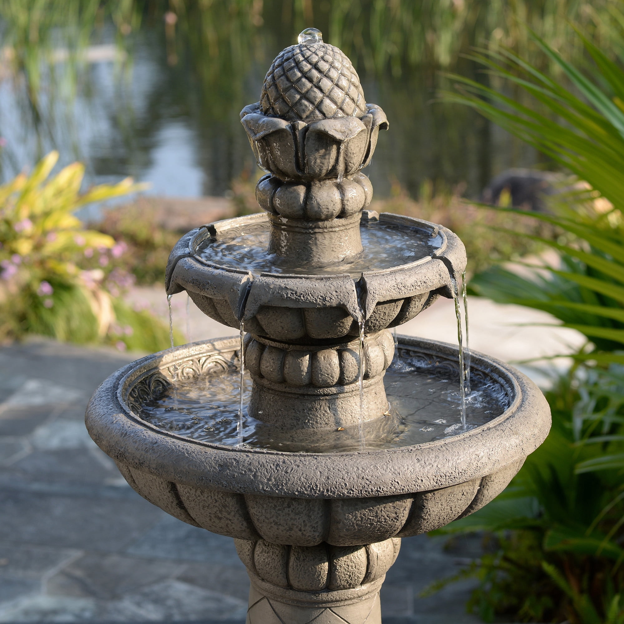 Teamson Home 2-Tier Birdbath Water Fountain Outdoor Garden–Shallow Basin with Built-In Electric Pump & Simple Setup, Gray