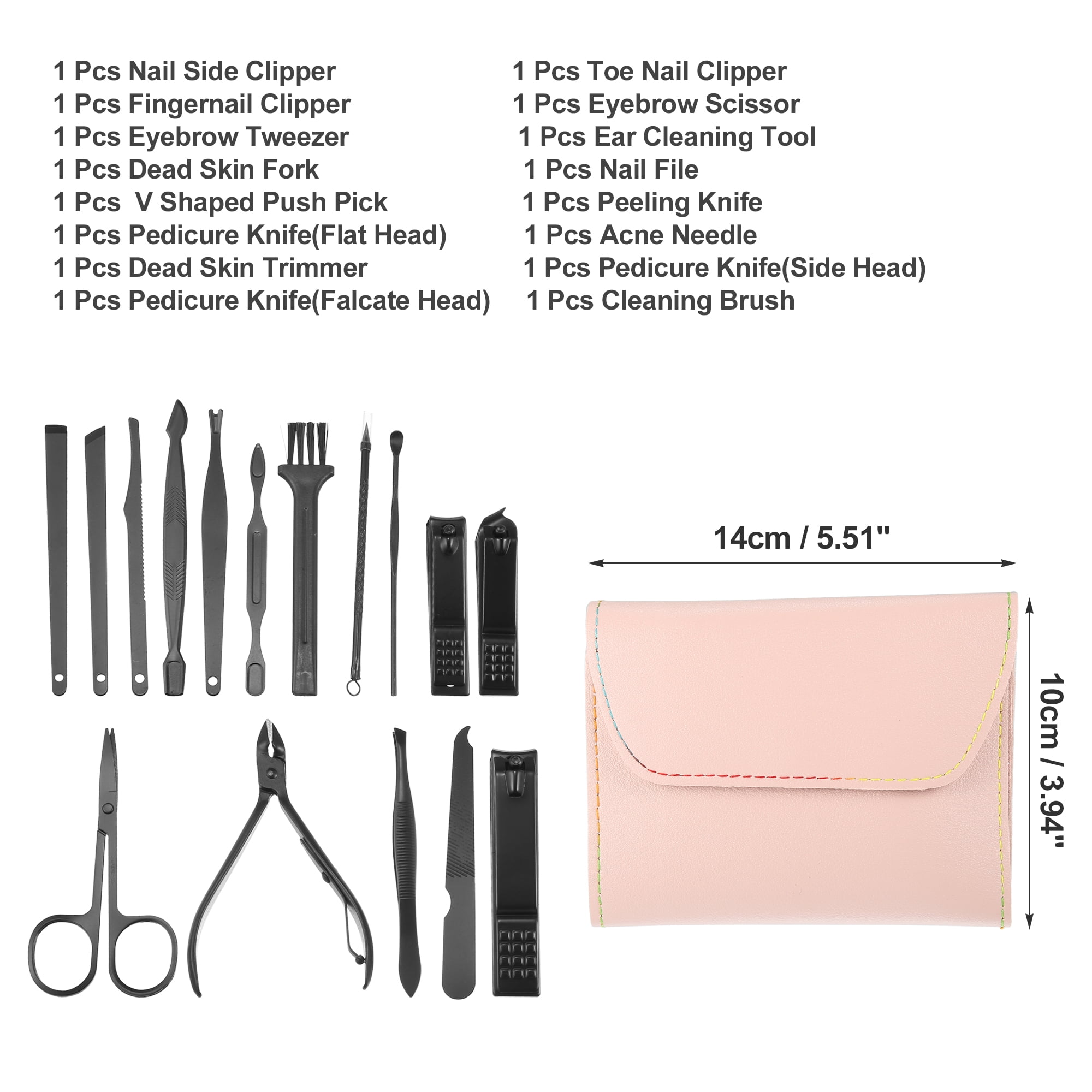 Unique Bargains 16 pcs Manicure Set with Pink PU Case Personal Care Stainless Steel Black