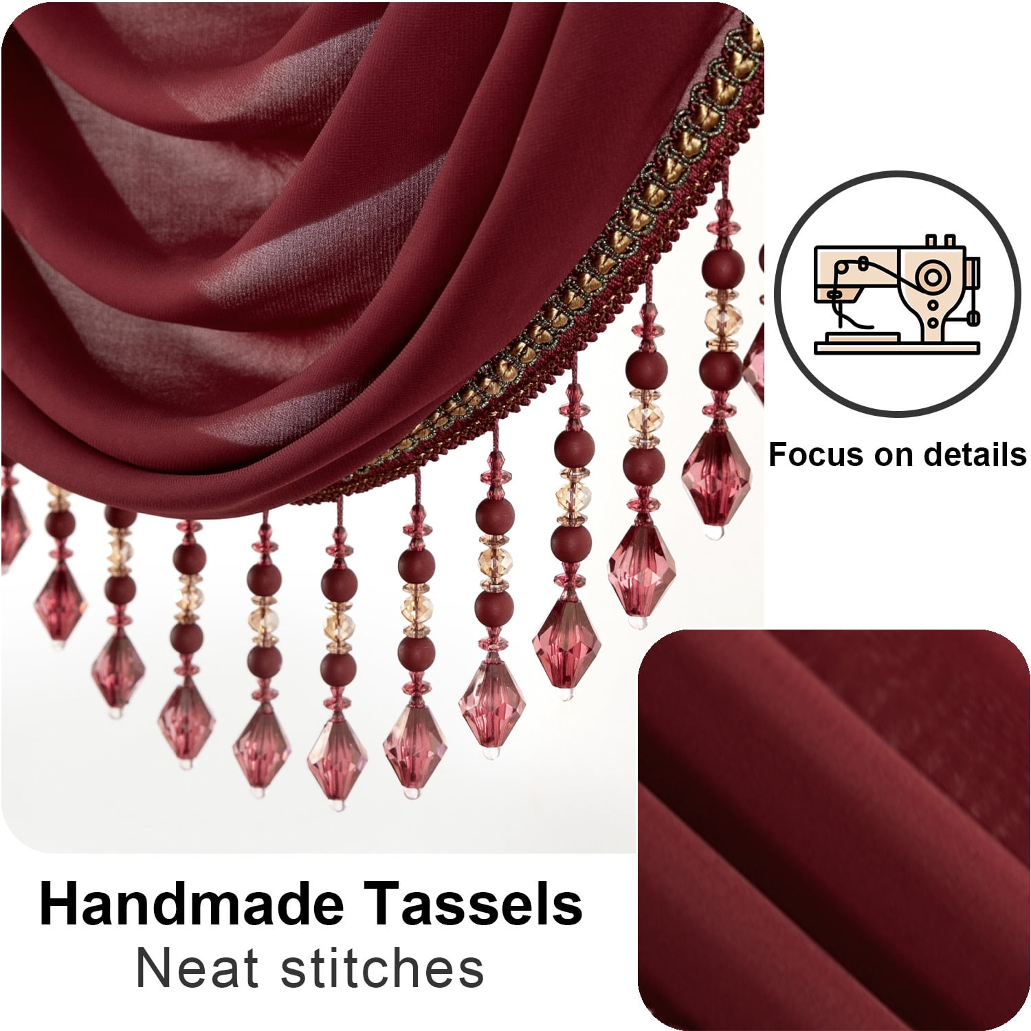 VOGOL Vintage Style Waterfall Valance, 39 inches Wide Soft Touch Sheer Drapes for Living Room, Classical Rod Pocket Silky Swag Valance with Handmade Tassels, Burgundy Red, 1 Panel