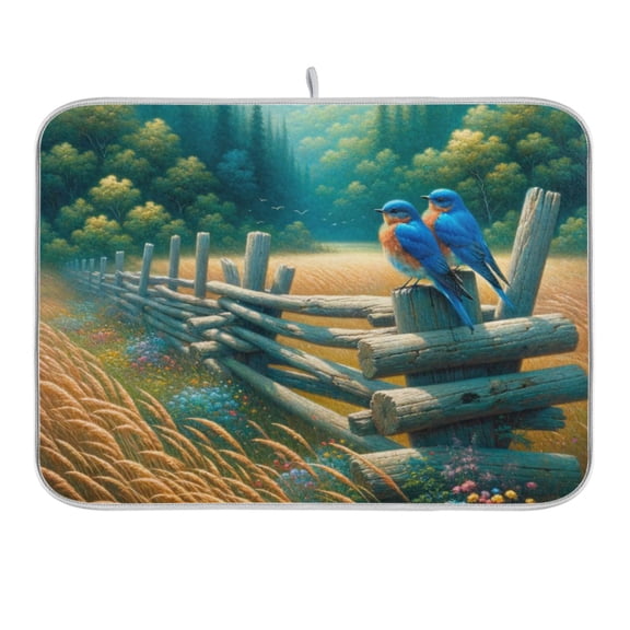 Bluebirds and Forests Dish Drying Mat 16x18 Absorbent Microfiber Draining Rack Pad for Kitchen Counter Sink