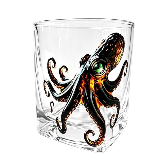 2D Octopus Whiskey Glass 260ml, Sea Creature Tumbler with Green Eye, Lead-Free Crystal Old Fashioned Cup for Cocktails
