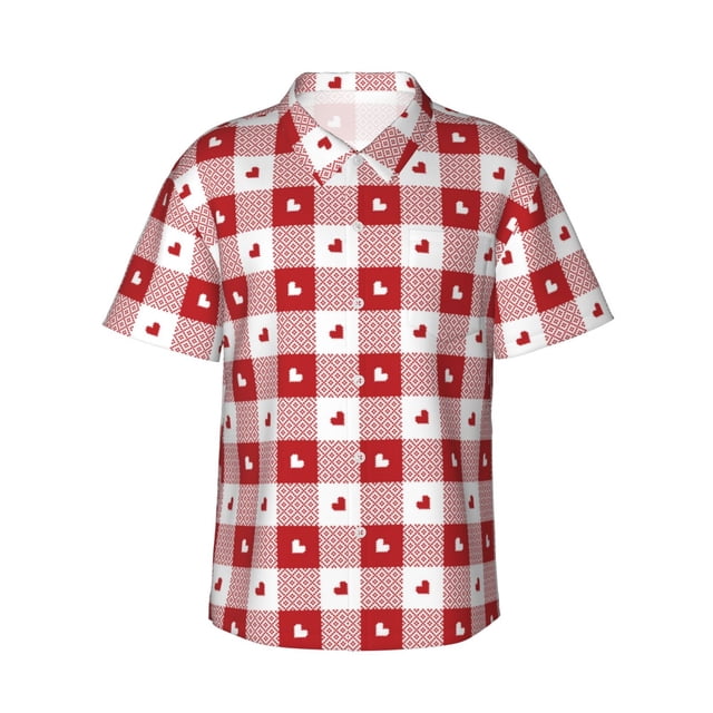 Balery Plaid Heart Camisas hawaianas de manga corta para hombre, camisas playeras de corte holgado, camisas de vacaciones con botones,Large