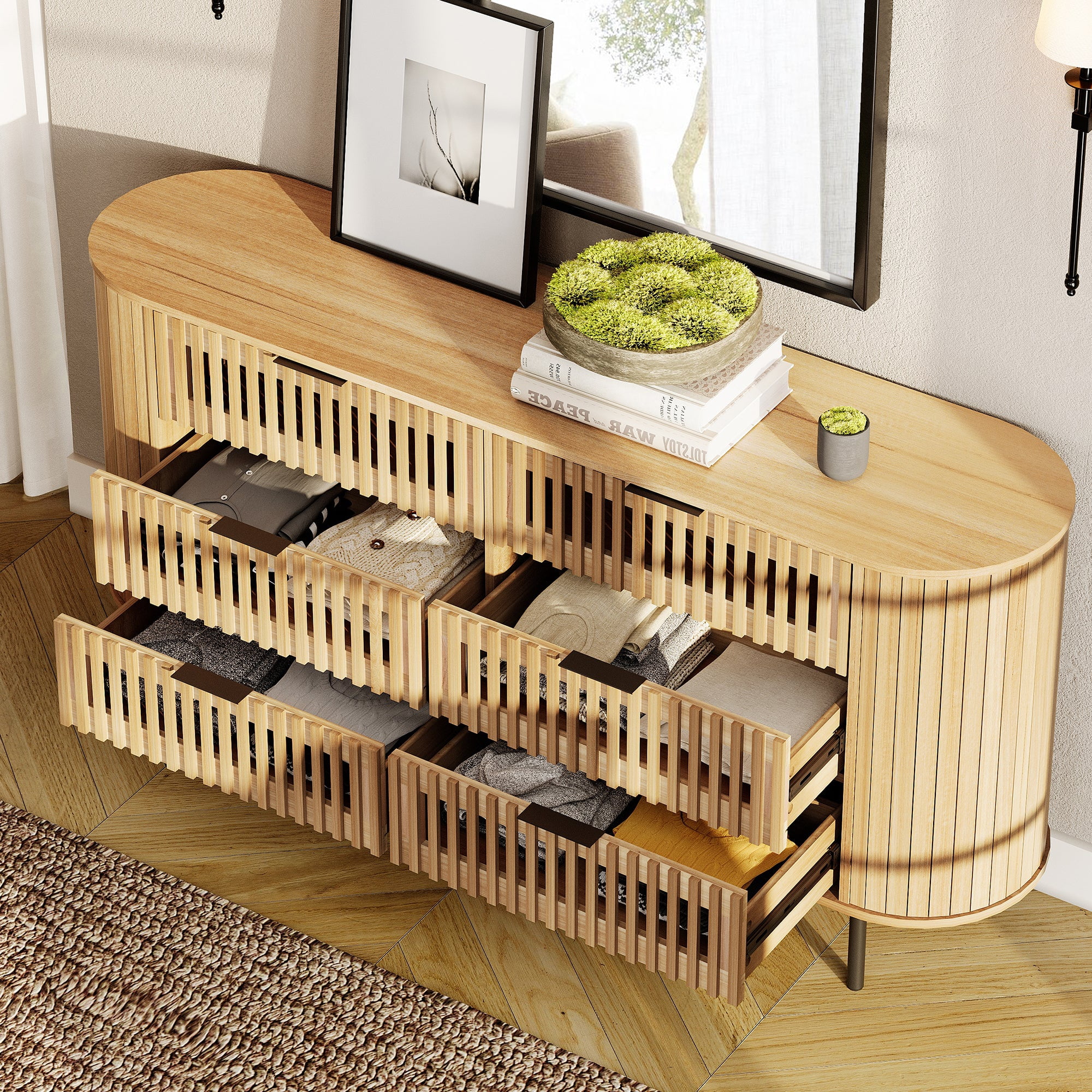 WAMPAT Fluted 6 Drawer Dresser, Wide Modern Chest of Drawers, Wood Storage Dressers for Bedroom Living Room, Hallway, Entryway, Oak