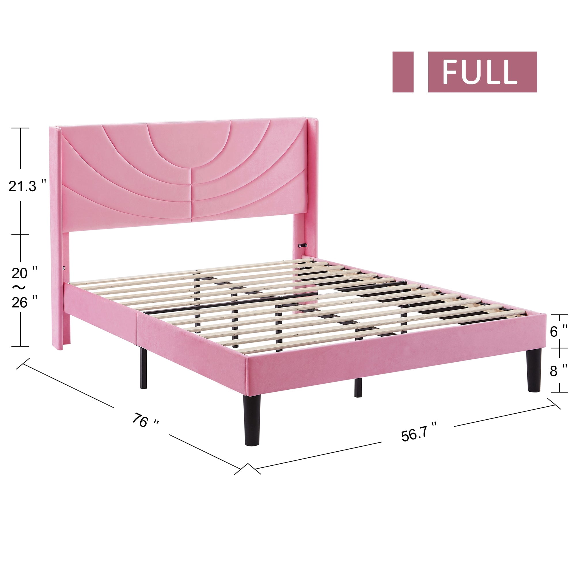 VECELO Upholstered Platform Full Bed Frame with Fabric Headboard,Wooden Slats Support/No Box Spring Needed/Mattress Foundation,Pink