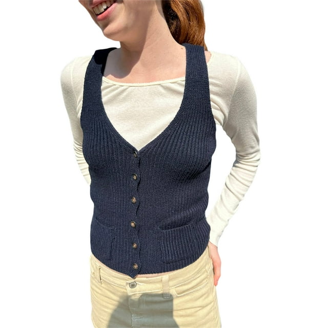 ZAXARRA Women's Summer Knit Tank Tops, Solid Color Ribbed Sleeveless V-Neck Button Front Slim Waistcoat