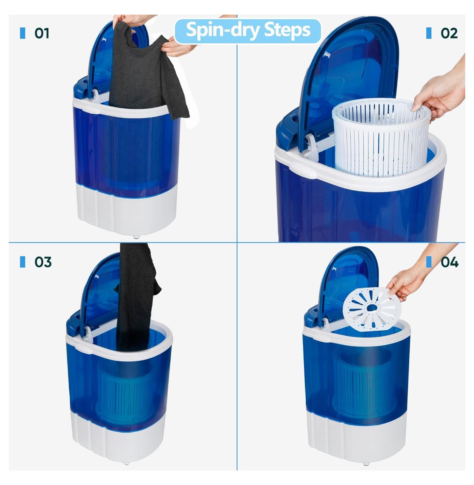 SONGMY 8 lbs Portable Mini Washing Machine - Semi-Automatic Compact Washer Spinner for Apartments, RV, Camping, Single Translucent Tub Blue