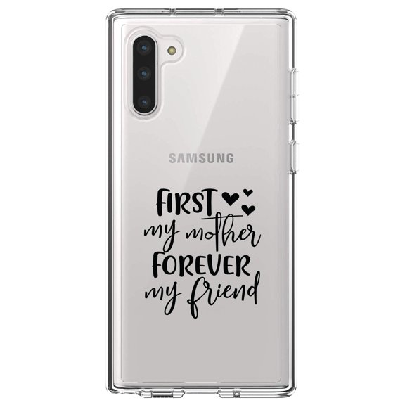 DistinctInk Clear Shockproof Hybrid Case for Samsung Galaxy Note 10 (6.3" Screen) - TPU Bumper Acrylic Back Tempered Glass Screen Protector - First My Mother, Forever My Friend - Hearts