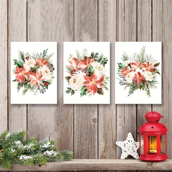 2D Flat, 3pcs Festive Watercolor Christmas Canvas Art Prints - Red, White & Green Floral Pine Cones, Wrapped FramelessOil Painting for Indoor/Outdoor Holiday Wall Decor in Living Room, Bedroom, Kitc