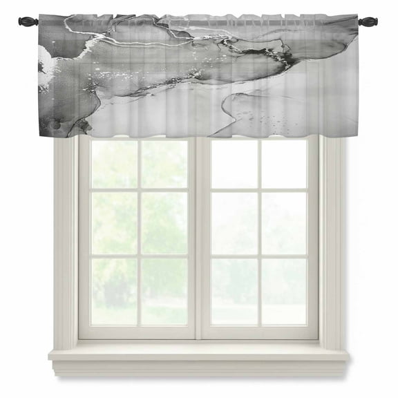 Marble Grey Valance Curtains for Kitchen/Living Room/Bathroom/Bedroom Window, Rod Pocket Small Topper Half Short Window Curtains Voile Sheer Scarf, Modern Abstract Ink Painting Luxury 42"x18"