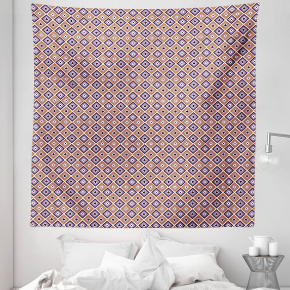 Fall Colors Tapestry, Retro Halloween Groovy Themed Abstract Pattern of Diagonal Squares, Fabric Wall Hanging Decor for Bedroom Living Room Dorm, 5 Sizes, Ivory Lavender Orange, by Ambesonne