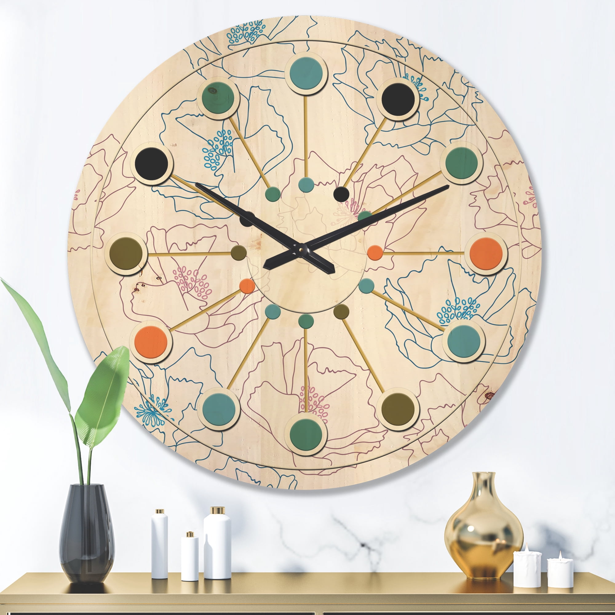 Designart 'Retro Abstract Poppies I' Mid-Century Modern Wood Wall Clock