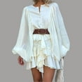 thumbnail image 6 of SMihono Women Fall Ruffles Dresses Bell Long Sleeve Casual Crewneck Button Down Belted Loose Fit Western Cowgirl Mini Dress White S, 6 of 8