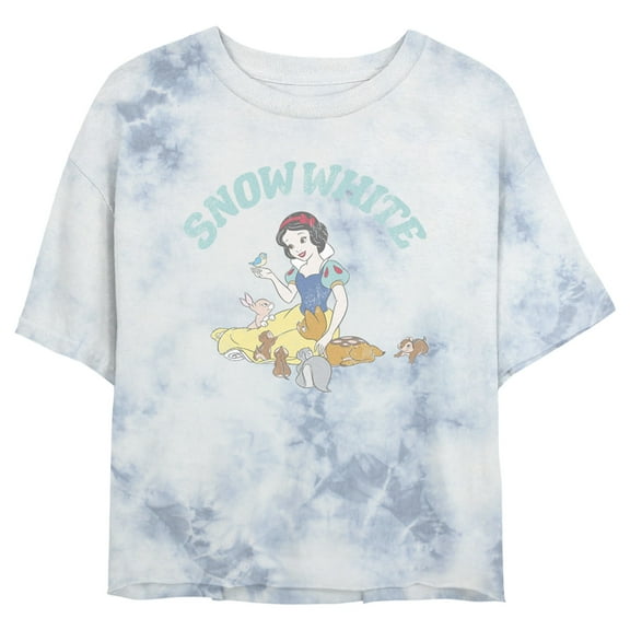 Junior's Snow White and the Seven Dwarfs Distressed Woodland Animals Crop Graphic Tee White/Blue 2X Large
