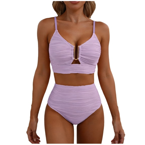 Efsteb Women's Bikini Sets High-Waisted Solid Color Swimwear Beachwear Cut-Out Bikini Bathing Suit Beach Vacation (Purple,S)