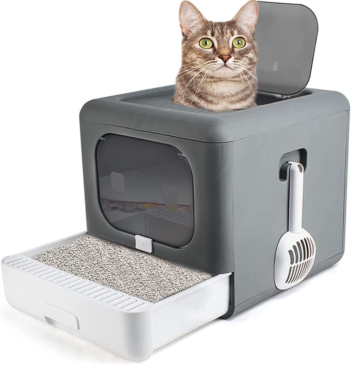 Large Foldable Cat Litter Box with Lid with Litter Shovel Top Entry