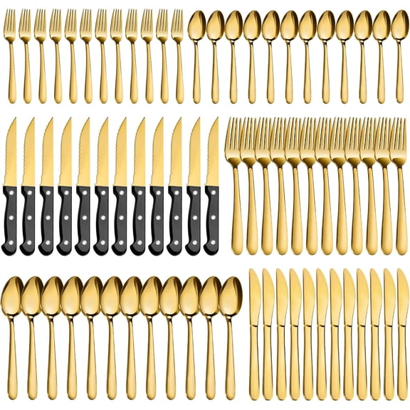 Bestdin 72-Pieces Gold Silverware Sets for 12, Flatware Set with Steak Knives, Stainless Steel Cutlery Set, Include Forks Spoons and Knives Set, Dishwasher Safe Utensil Sets for Home Restaurant