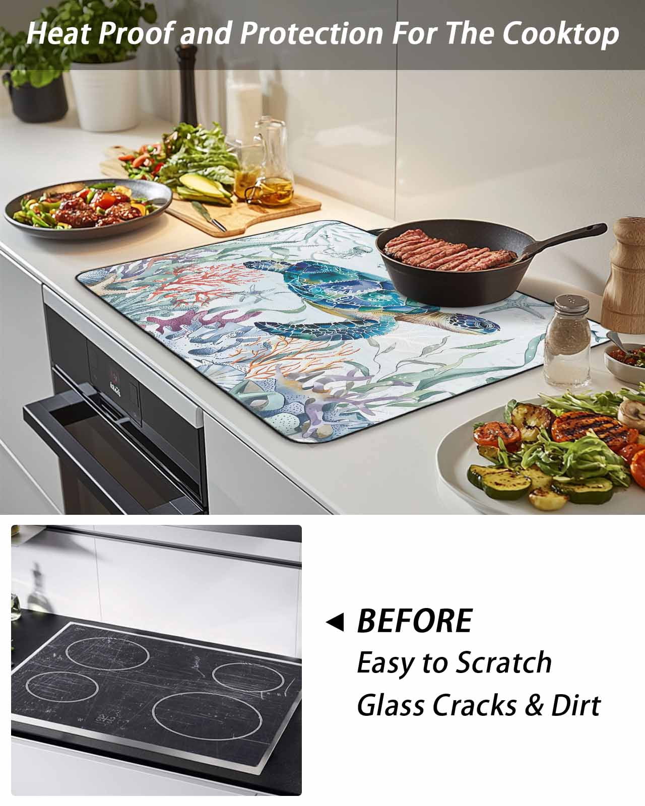 Stove Top Covers for Electric Stove, Teal Sea Turtle Coastal Glass Stovetop Cover Protector, Summer Beach Ocean Coral Induction Cooktop Protector Oven Mat for Kitchen Countertop 24"x21"