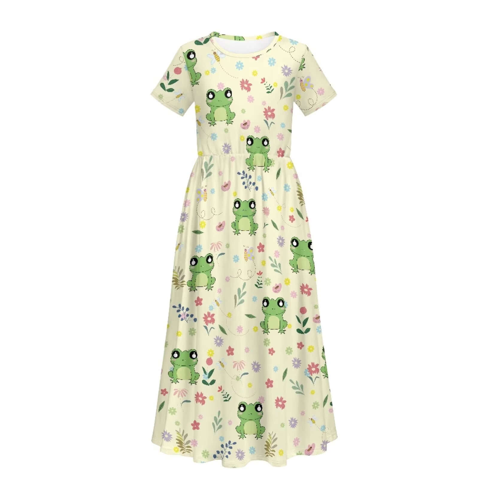 Uourmeti Girls Elegant Maxi Dress, Cute Frog Floral Printed Short Sleeves Dress with Pockets Summer Long Holiday Dresses, Size 9-10 Years