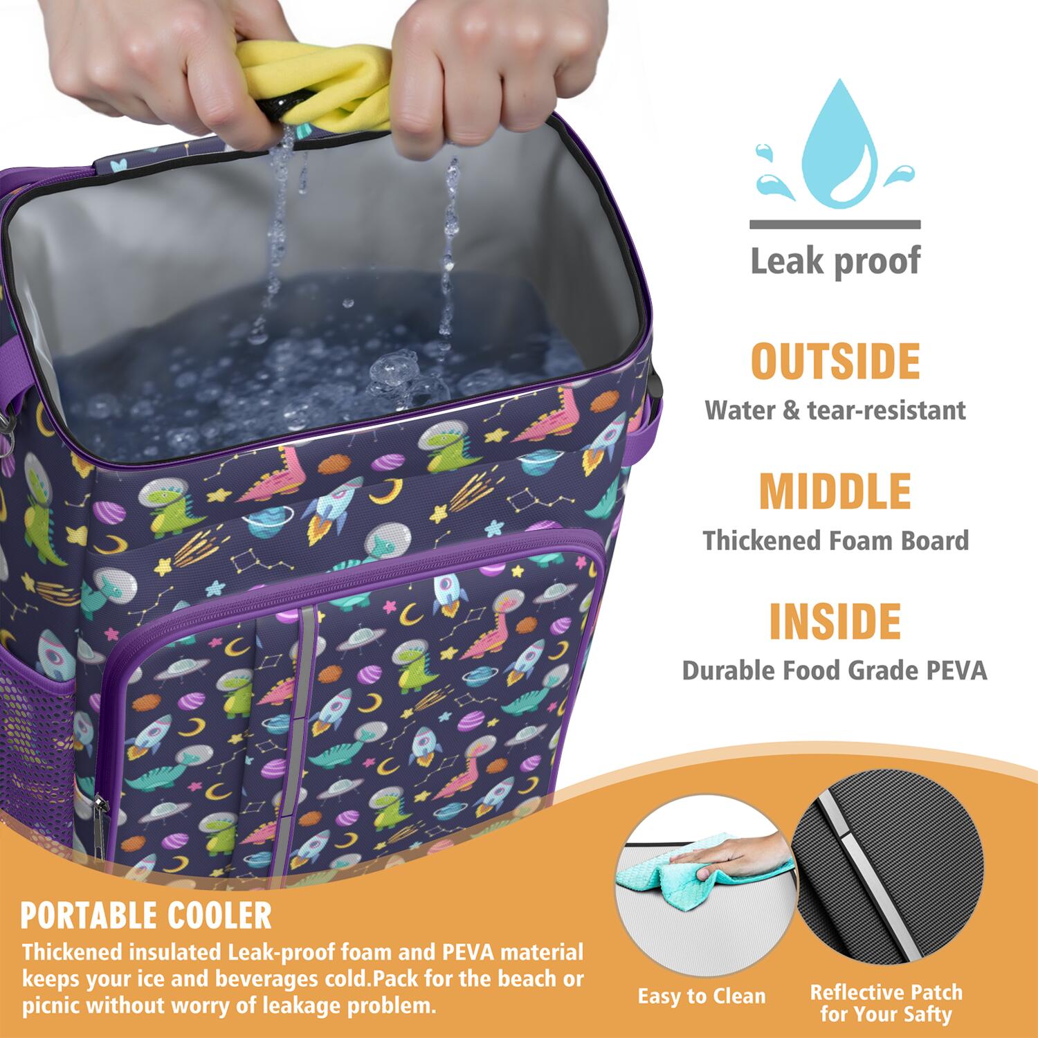 Travel Cooler Bag - DarkBlue Cartoon Dinosaurs Space Rockets Pattern Camping Beer Cooler Backpack with Bottle Opener- Waterproof Insulated Picnic Backpacks - Cooler Bag for Beach