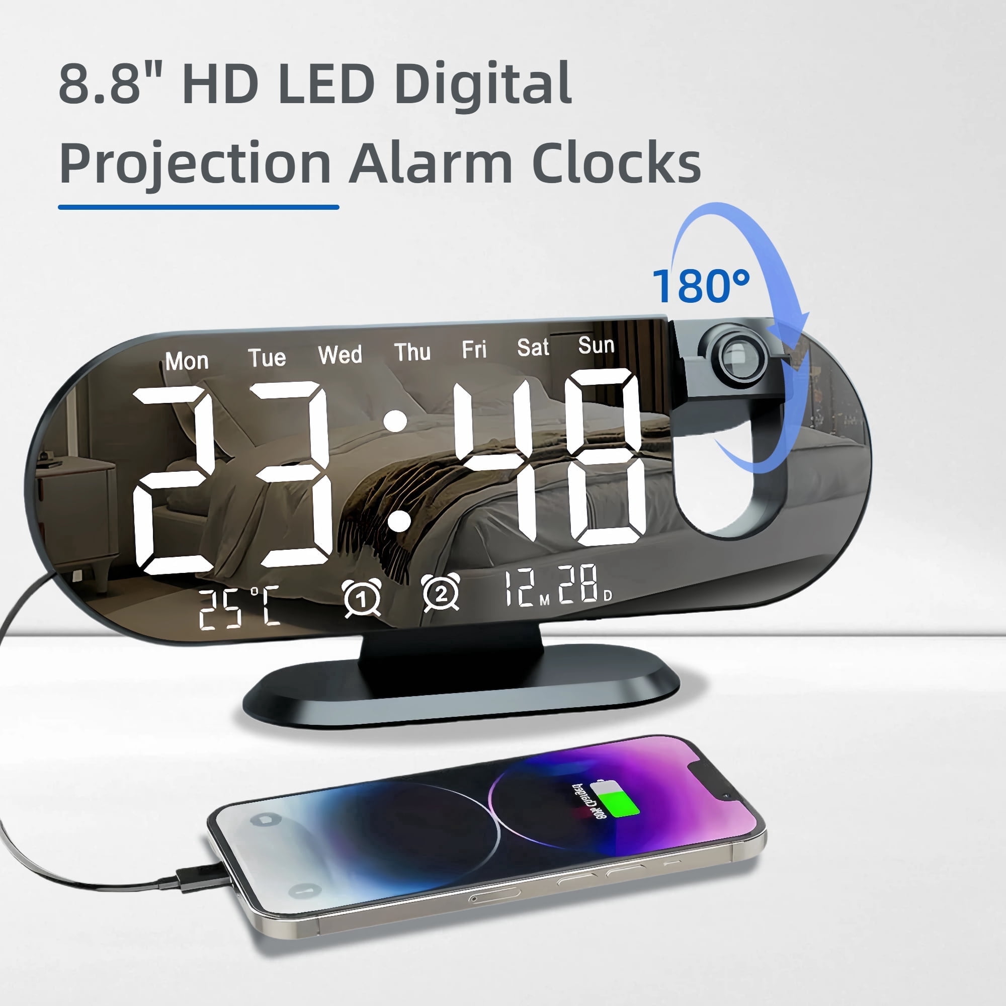 Digital Projection Alarm Clock, 8.8 Large Display, Loud Dual Alarm for Heavy Sleepers, 180° Projector, Bedroom and Office Clock (Black)