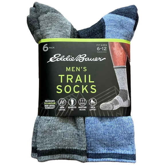 Eddie Bauer Chaussettes de Trail Bleues - Grises - Noires (6 Paires) Taille Grand (6-12 Hommes / 10-13 Femmes)