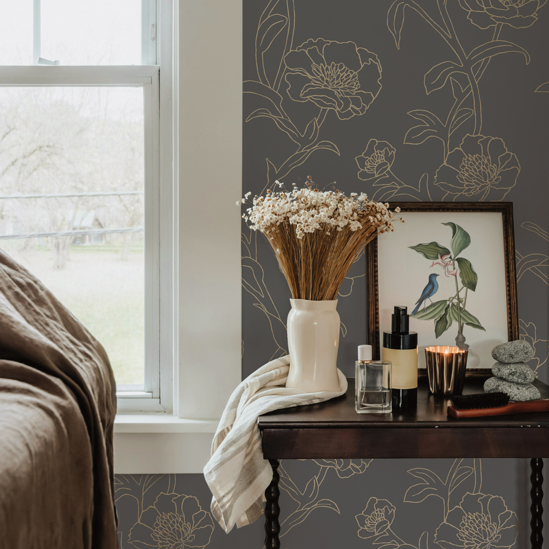 Tempaper Peonies Metallic Gold and Noir Floral Peel and Stick Wallpaper, 20.5" x 16.5'