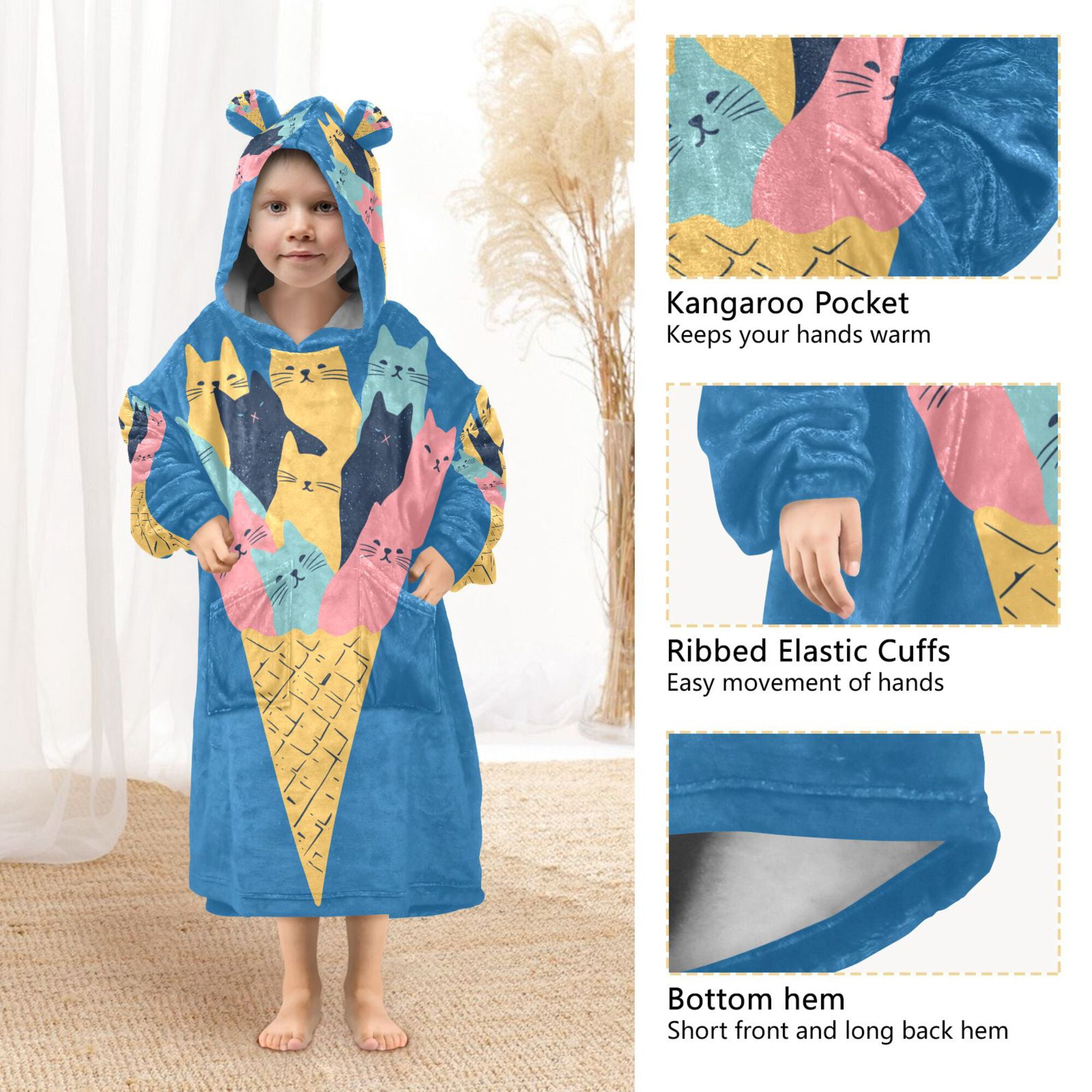FORMRS Wearable Blanket Hoodie with Sleeves for Kids Cozy Flannel Sweatshirt, Colorful Ice Cream Cat