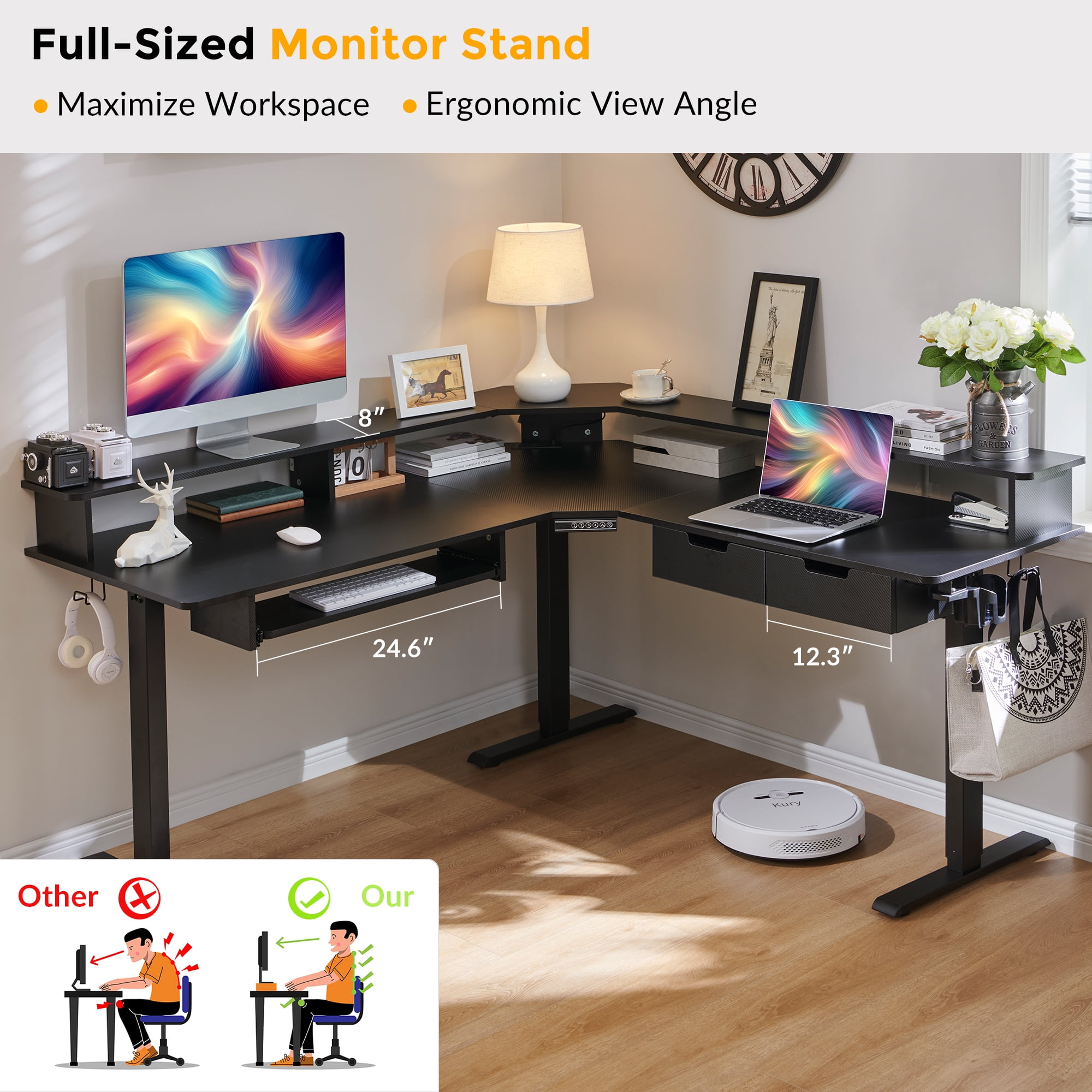 OKD 60" Electric Standing Desk with LED Strip & Power Outlets, L-Shaped Corner Desk with Shelves & Keyboard Tray, Adjustable Height Computer Desk, Carbon Fiber Black