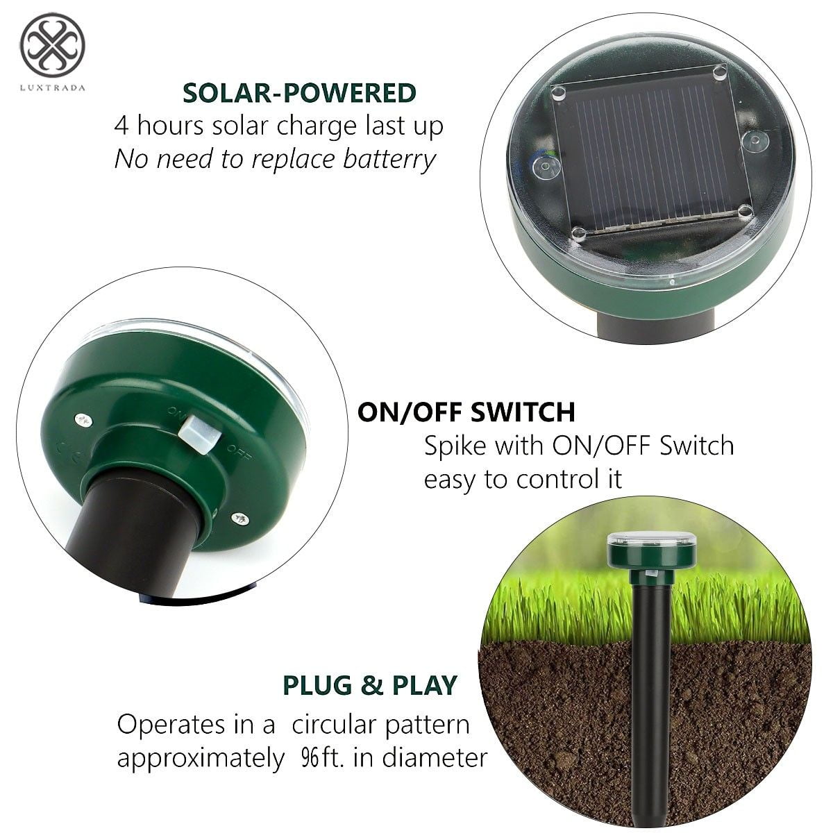 Luxtrada 4PCS Solar Power Ultrasonic Sonic Mouse Gopher Mole Pest Rodent Repellent Repeller Garden