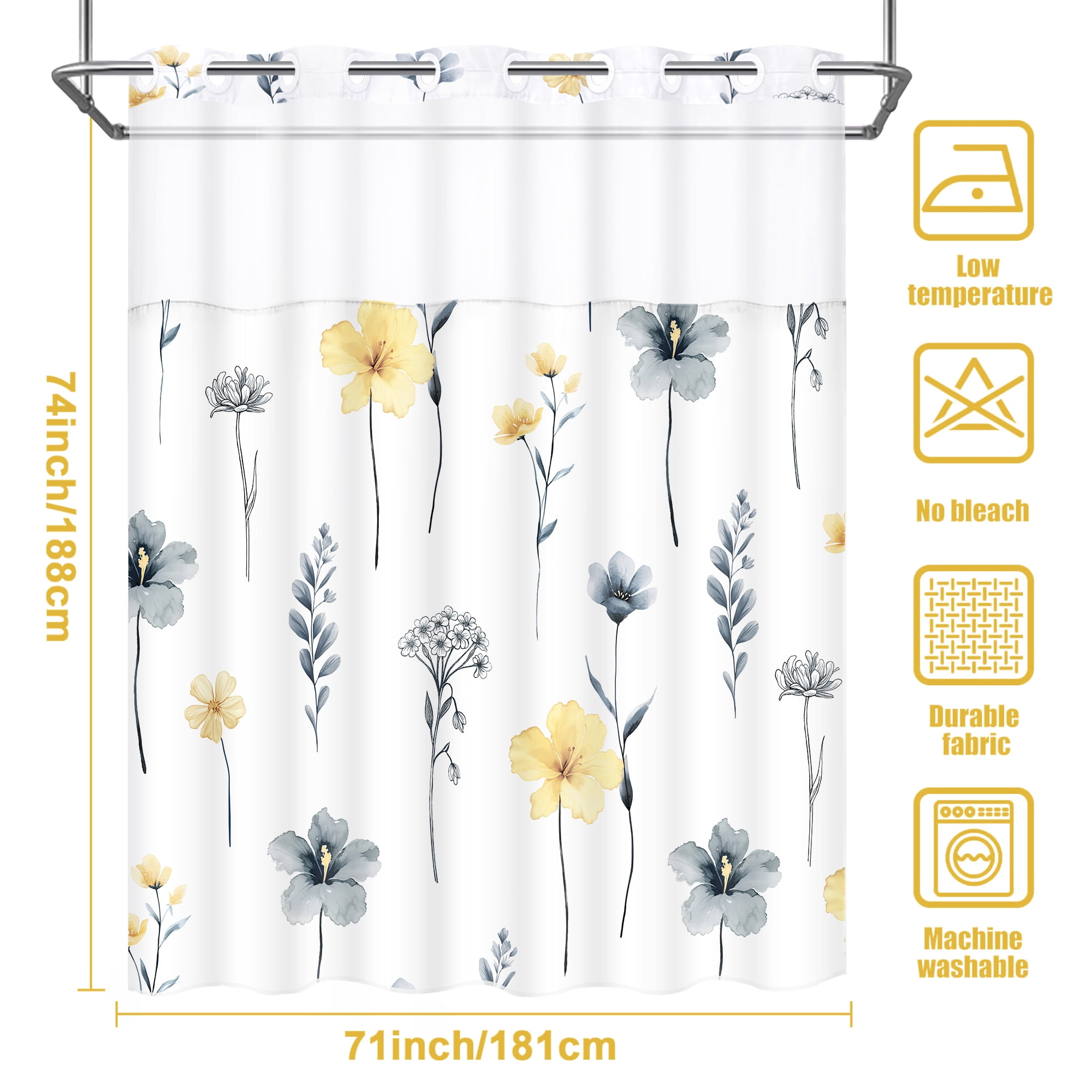 Ikfashoni Hookless Shower Curtain with Snap in Liner, Yellow Watercolor Flowers No Hook Waterproof Bath Curtain, 71"X74"