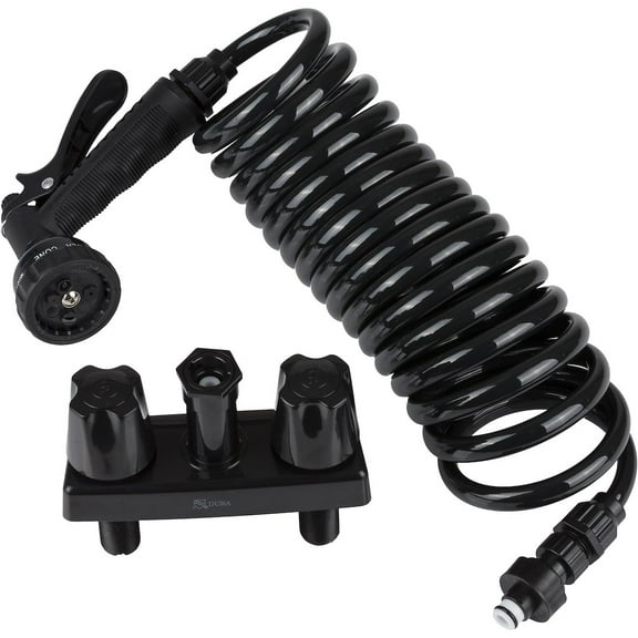 Dura Faucet RV Exterior Spray Faucet w/ Coil Hose & Multi Spray Nozzle - Black