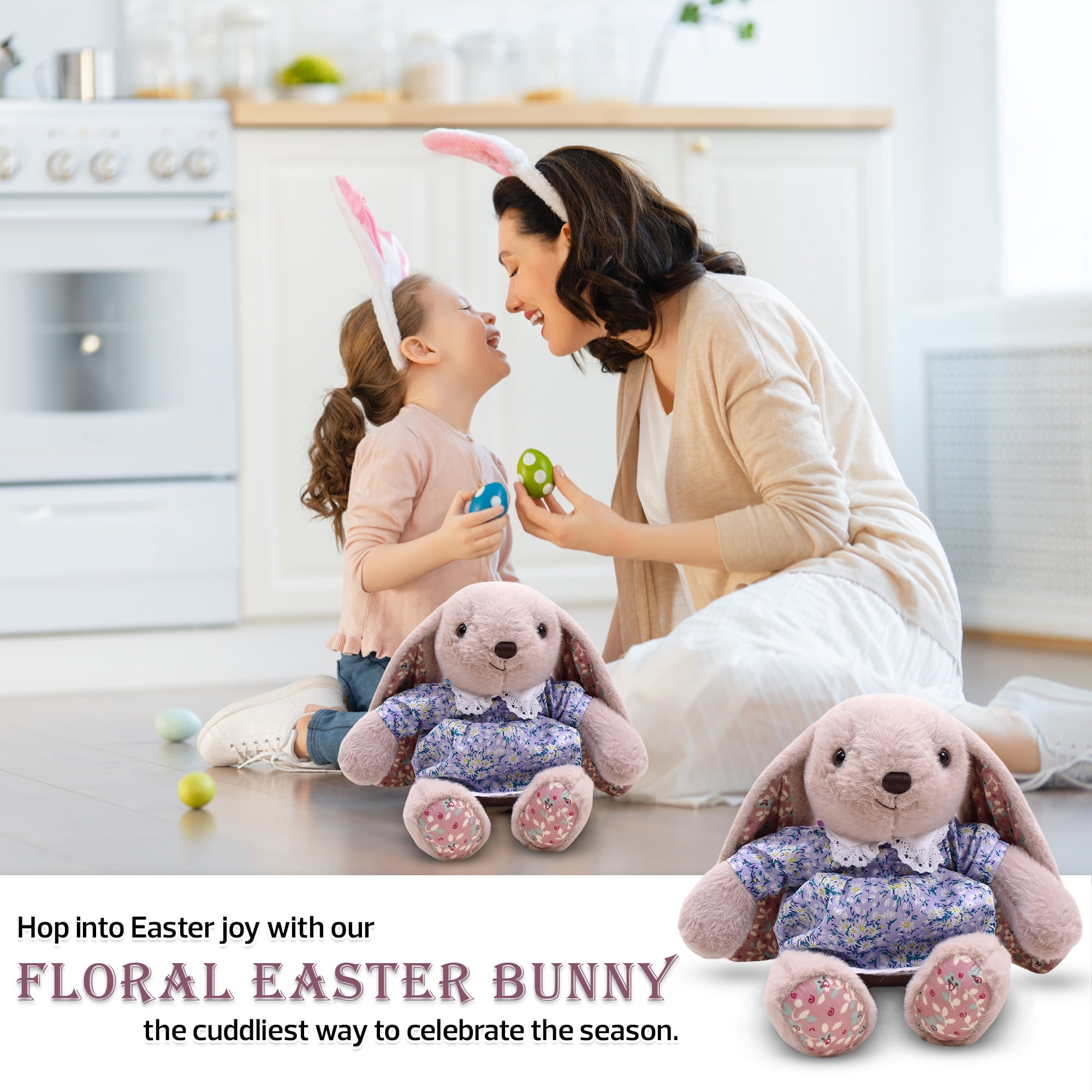 Made by Aliens Floral Easter Bunny Stuffed Animal – Plush Bunny Toy Cute Huggable Rabbit – Perfect Gift for kids & Adults on Easter – 16-inch (Beige)