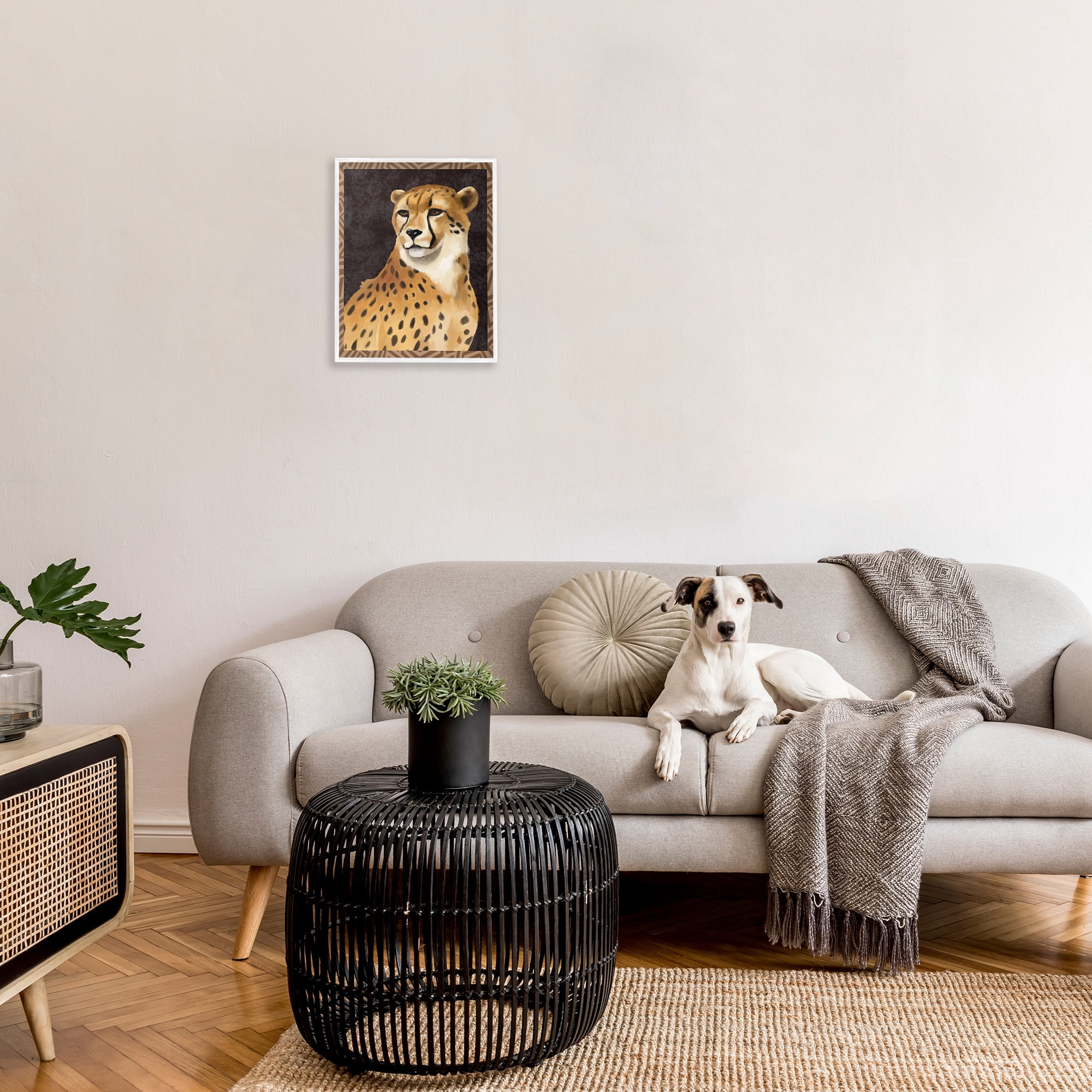 Stupell Industries Leopard with Geometric Border Animals & Insects Painting White Framed Art Print Wall Art, 16 x 20