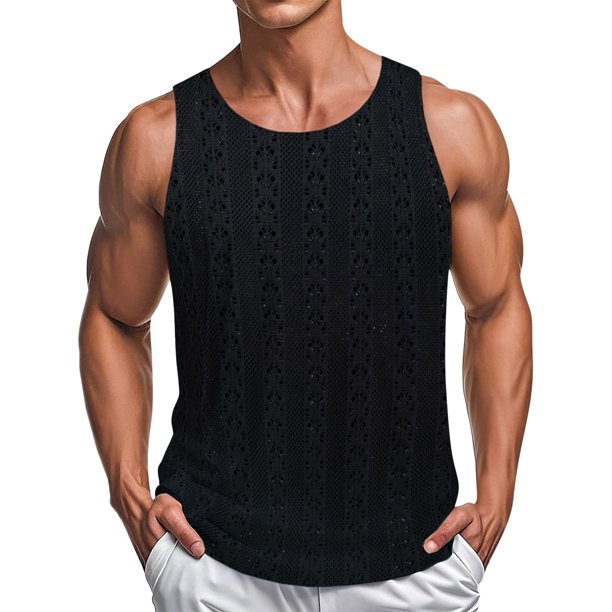 Camiseta sin mangas de cuello redondo para hombre, cuello redondo ahuecado, estilo playero informal de verano, holgada, sin mangas, color liso, cuello redondo, sin mangas, para hombre