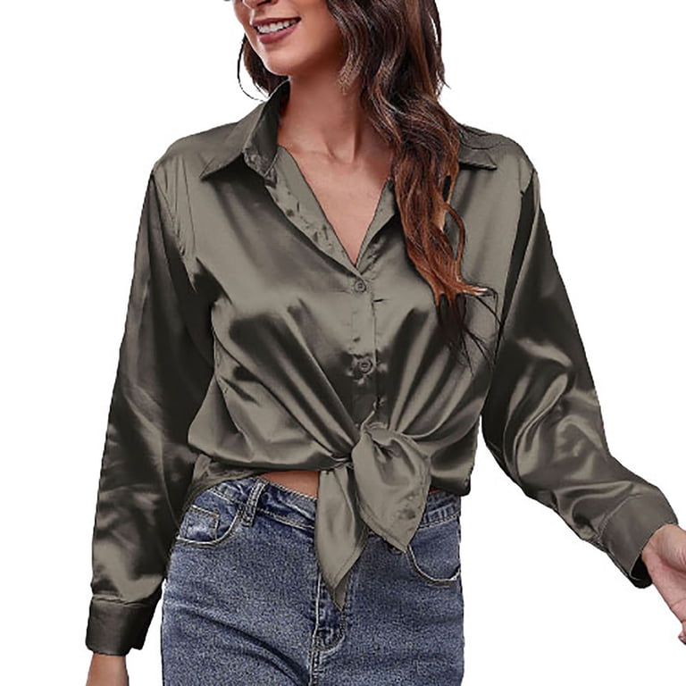 Women's Satin Blouse Long Sleeve Work Office Button Down Shirt Top