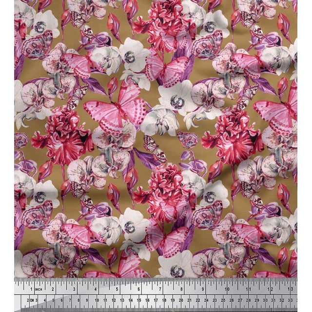 Soimoi Polyester Crepe Fabric Butterfly & Orchids Floral Decor Fabric Printed Yard 42 Inch Wide