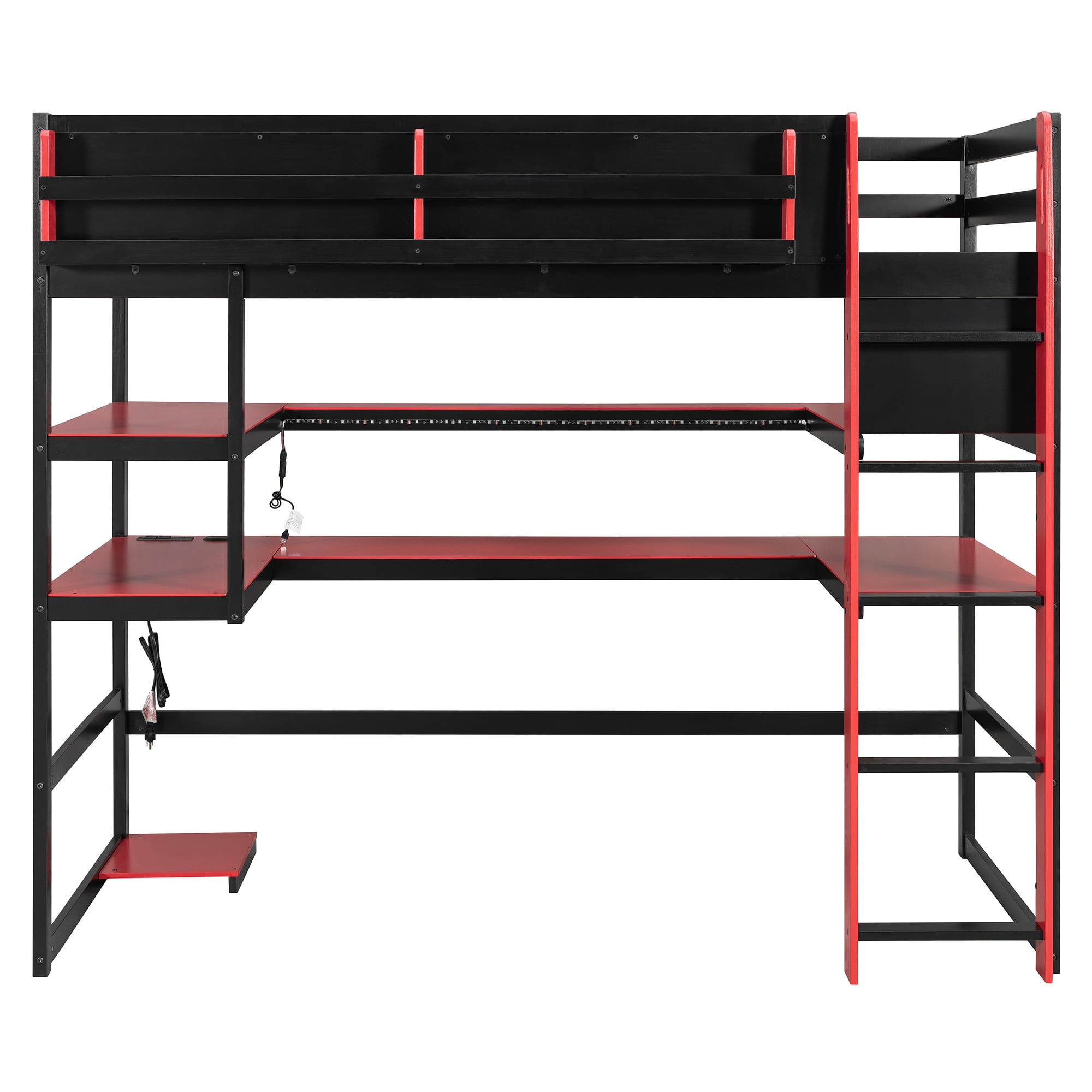 Mintazer Twin Size Gaming Loft Bed with U-Shaped Desk & LED Lights, Modern Bed Frame with Shelves & Charging Station for Dorm Bedroom Apartment, Black & Red