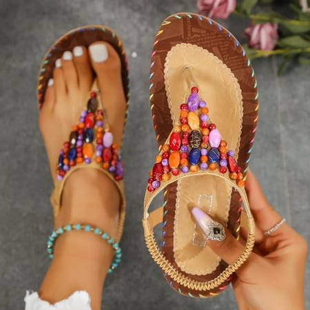 

XIAQUJ Women Summer Elastic Band Casual Open Toe Flat Comfortable Soft Sole Beach Shoes Sandals Sandals for Women Brown 7(38)